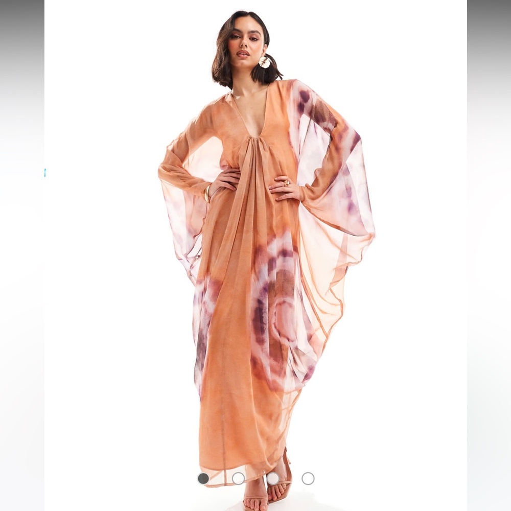 NWT ASOS DESIGN Plunge Sheer Orange and Purple Kaftan Kimono Maxi Dress